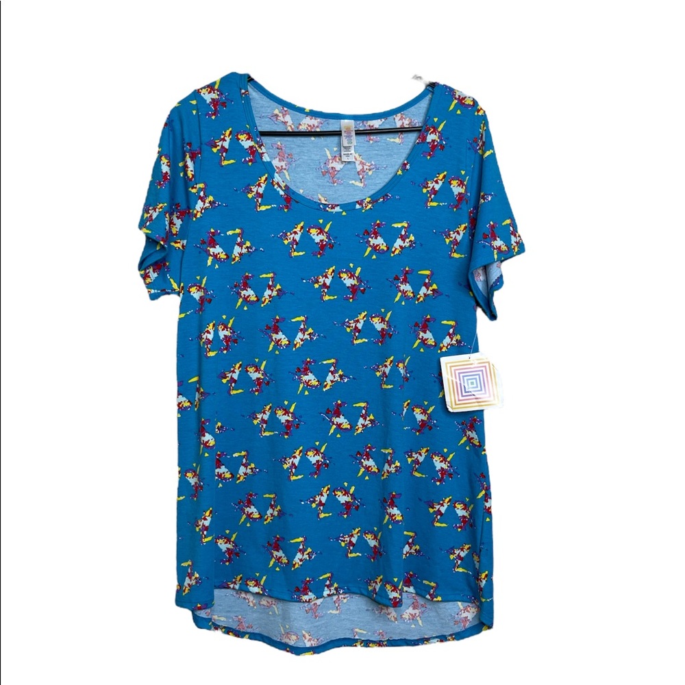 LuLaRoe Classic Shirt Large Geometric Shapes Cranes Aqua Blue Colorful Unique